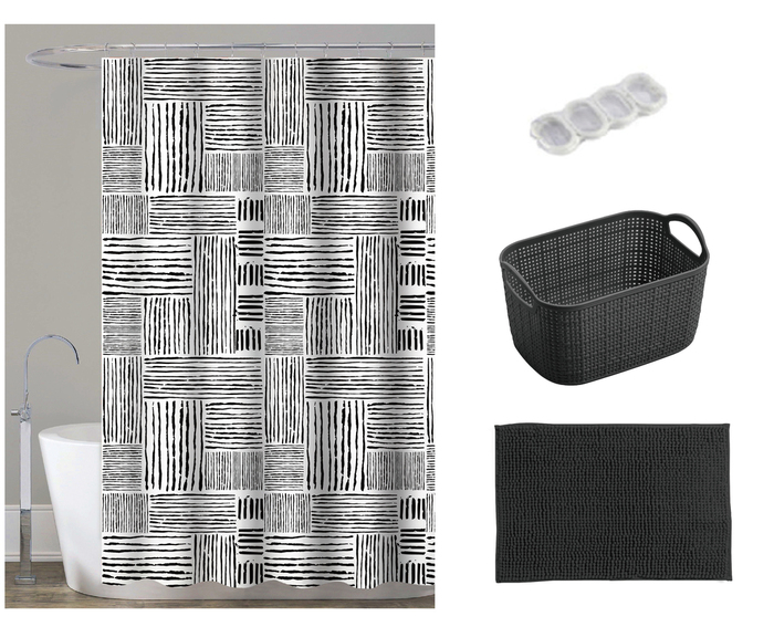 Bademåtte, forhæng og kurv - REN